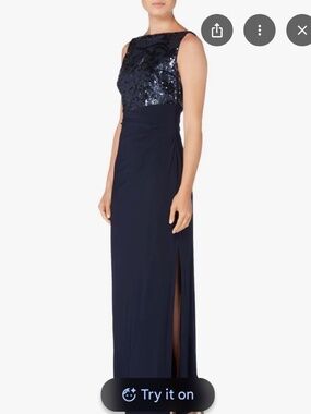 Ralph Lauren Navy Gown with draped ,rouched waist and sequin floral bodice